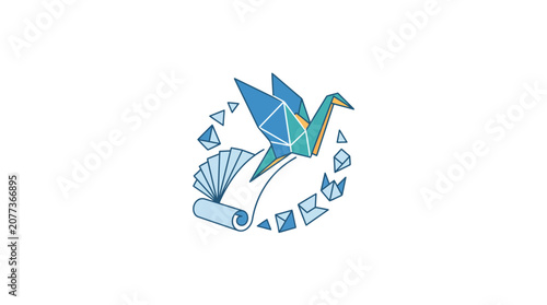 Abstract origami bird icon with blue geometric shapes