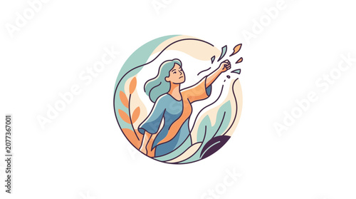 Abstract Woman Releasing Butterflies with Nature Elements Illustration
