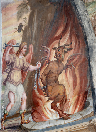 BERGAMO, ITALY - MARCH 21, 2026: The fresco of the End of power of Demon in t...