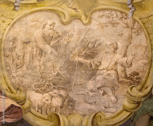 Konstfotografi CREMA, ITALY - MARCH 20, 2026: The fresco of God appeared moses in the burning b