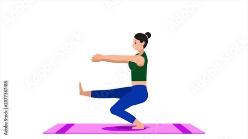 leg up pose and sitting exercise. Female workout on mat. Fitness woman exercising. Looped animation. Young girl character training. Fitness, Gym, exercise, Sport and healthy lifestyle concept.