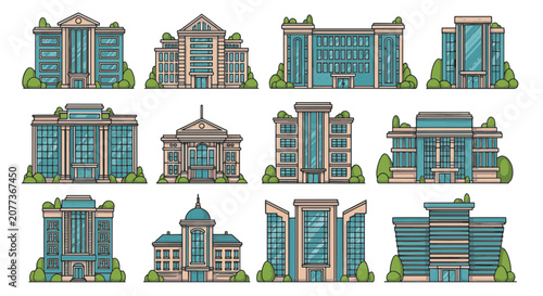 Flat vector collection of 12 modern office buildings and municipal architecture icons with teal glass windows and beige facades, isolated on a white background for urban design.