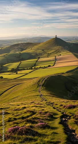 Golden rolling hills under clear blue sky.