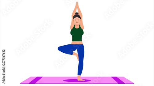 Woman Practicing Tree Pose Yoga with Raised Arms | Balance Meditation Fitness Motion Graphic | Flat Character Loop Animation