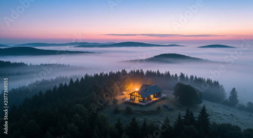 An aerial view shows a lit wooden cabin on a hilltop surrounded by pine trees and thick morning fog during a pink sunrise.