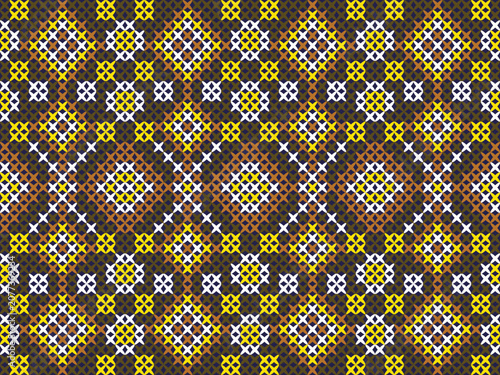Bold geometric knit pattern with diamond and cross motifs in yellow, white, brown, and navy. Ideal for sweaters, scarves, blankets, cushions, upholstery, and winter textile collections.