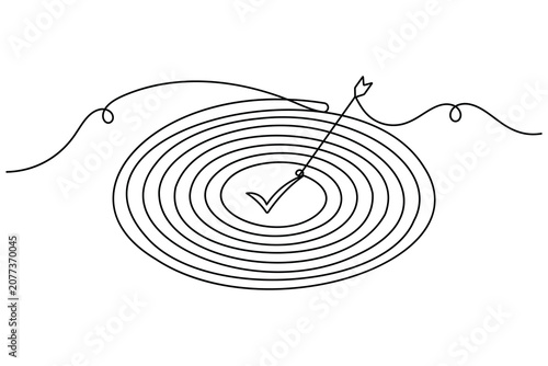 Bullseye target and check mark with arrow icon sign continuous one line drawing on white background minimalist concept of marketing and goals winning results symbol outline vector illustration
