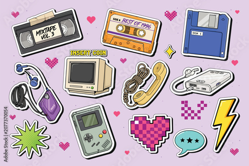 1990s pop culture nostalgia collage with cassette tapes, cd, game boy, and other retro tech compact disc