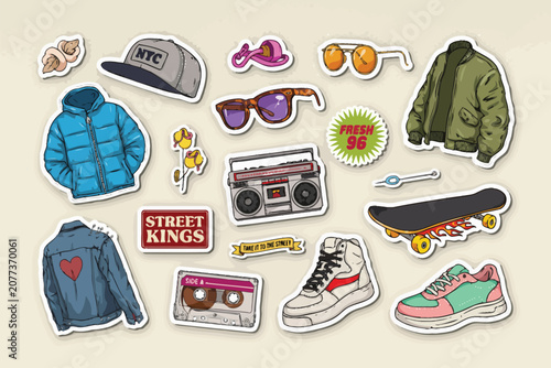 1990s streetwear collection, retro sneakers, caps, backpacks, and tees in vibrant colors 1990s fashion