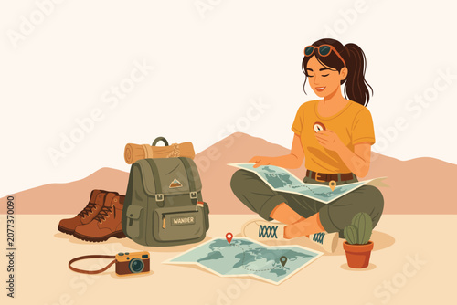 A cheerful woman in orange shirt and green pants sitting on a suitcase with travel accessories around her