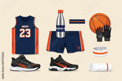 Basketball jersey, shorts, socks, basketball, and sneakers set, flat lay basketball uniform basketball shorts