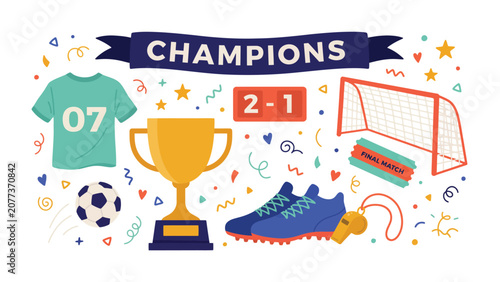 Celebratory sports victory with trophy, scoreboard, and confetti golden cup sports soccer ball soccer cleats