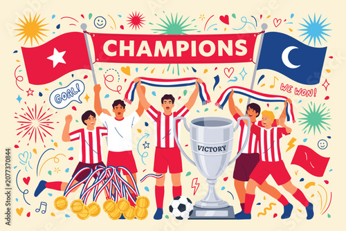 Celebratory team of four athletes holding a trophy with confetti and medals celebration