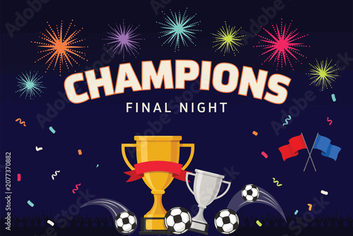 Celebratory trophy with confetti and text 