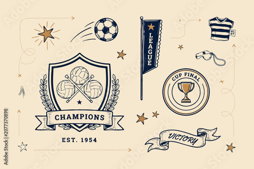 Champion trophy cup, medals, trophy shield, victory laurel wreath, and trophy ribbon with 