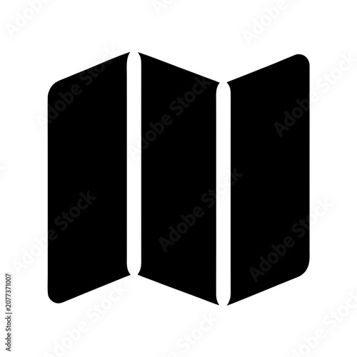 Simple black map icon representing paper brochure or folded document in minimalist vector style.