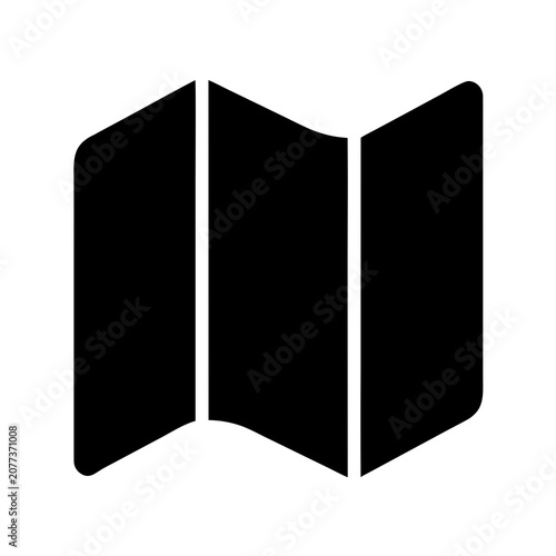 Black silhouette of folded map icon with sharp edges representing navigation and travel guide.