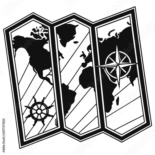 Vintage style world map illustration showing continents and compass rose in black line drawing.