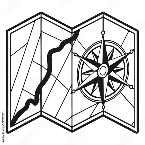 Nautical navigation map drawing with large compass rose and winding path in black and white.