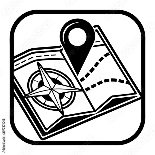 Map with compass rose and location pin, finding direction, navigation system, travel guide.