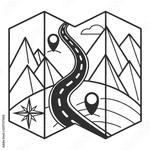 Road trip map with mountains, winding road, compass and location pins, travel planning.