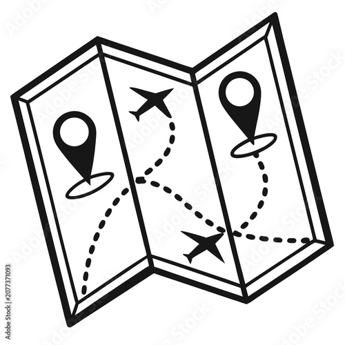 Paper map with flight paths and location pins for global travel planning and route navigation.