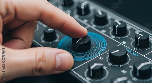 Person Adjusting Volume Knob on Audio Mixer, Close-Up