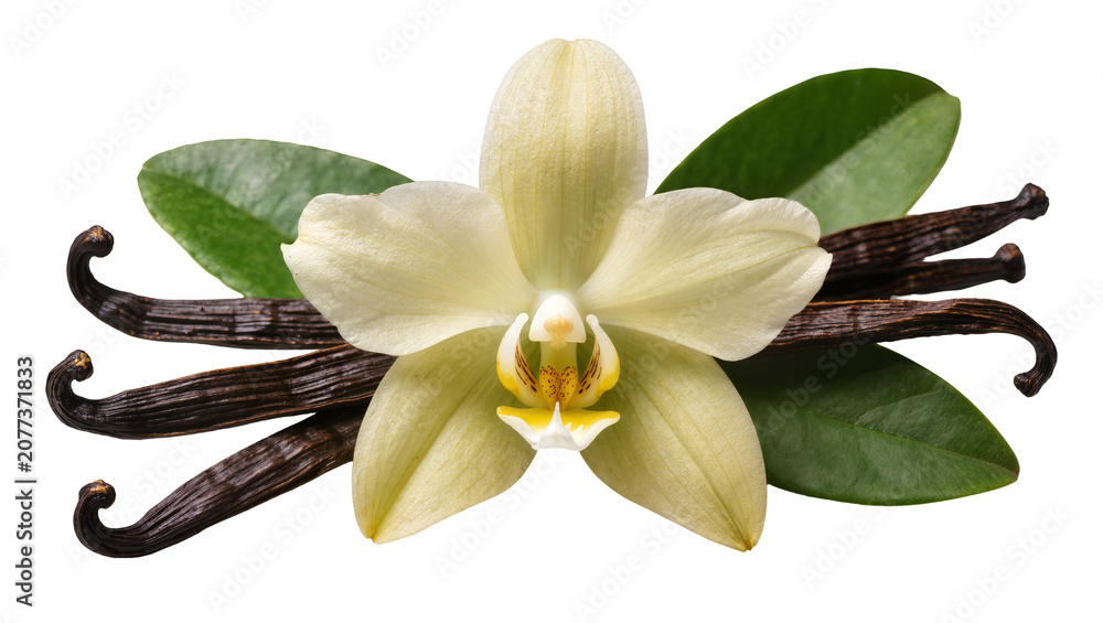 Fototapeta premium Vanilla orchid flower with dark dried vanilla beans and green leaves