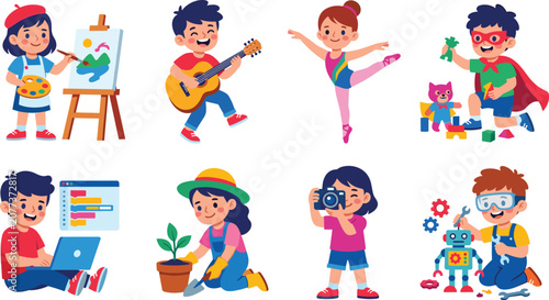 Collection of children engaging in creative and educational activities featuring art, music, dance, coding, gardening, and robotics