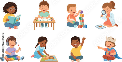 Collection of children learning and playing illustrations featuring educational and creative activities