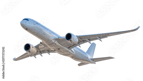 Konstfotografi Modern passenger jet airplane flying with engines and wings visible