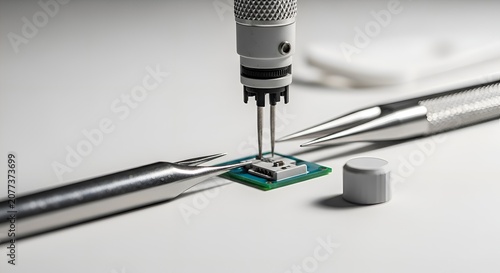Precision Work: Electronic Component Repair with Tools on White Surface