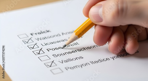 Person Checking List: Pencil Marking on Paper