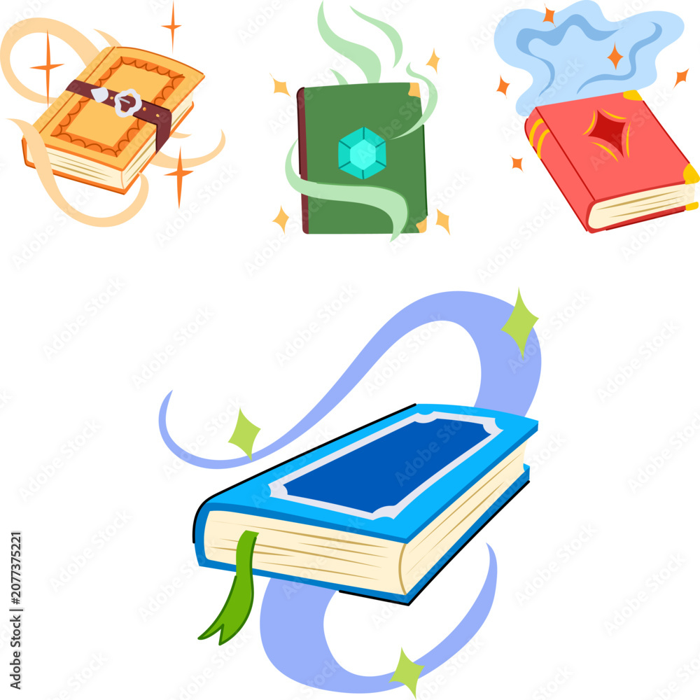 Naklejka premium Four magical books are illustrated with glowing effects, mystical smoke, emeralds, and decorative covers, creating a whimsical theme for fantasy and enchantment concepts