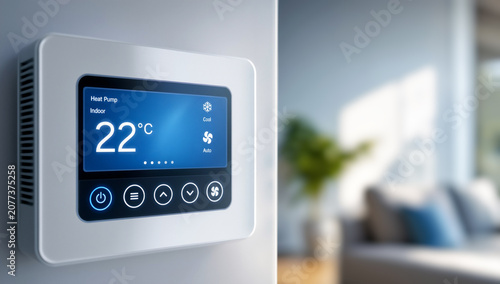 Modern digital thermostat mounted on a wall displaying temperature and heat pump settings within a bright, minimalist home interior to illustrate energy efficiency and smart technology.
