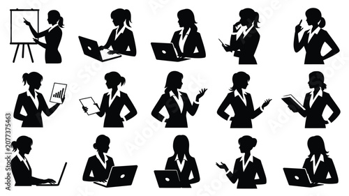 Foto Vector set of professional women in business attire working with laptops and whiteboards