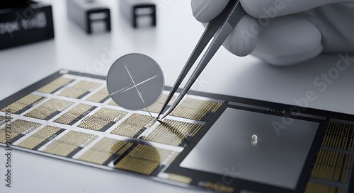 Precision placement of microchip component with tweezers