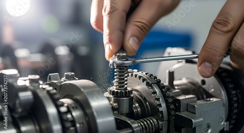 Mechanic fixing automotive engine machinery with wrench