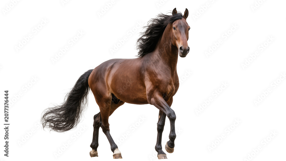 Fototapeta premium Brown horse with flowing mane and tail in motion