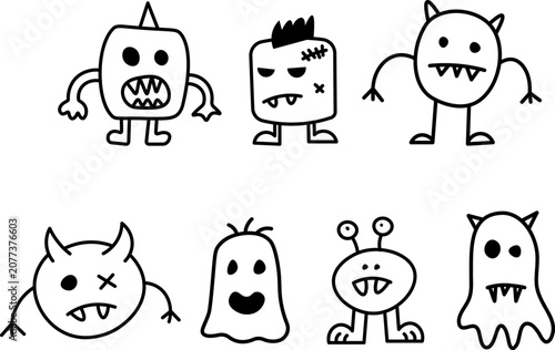 Doodle graffiti monsters set vector characters line art