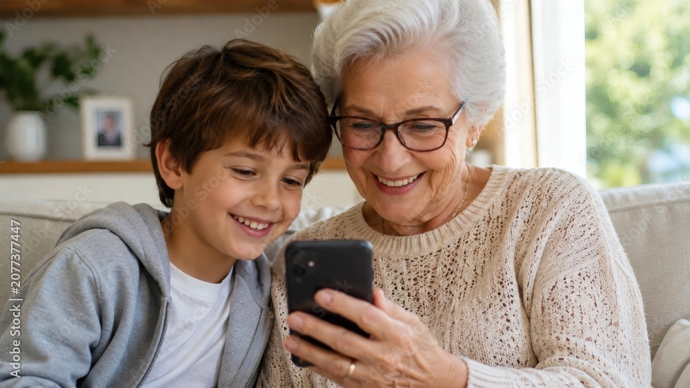 Fototapeta premium Grandmother And Grandson Smiling At Smartphone On Living Room Sofa