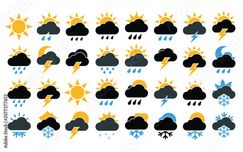 Tableau sur toile Comprehensive collection of modern weather symbols featuring multiple meteorological states