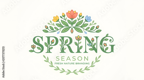 Spring season typographic logo with elegant flowers and leaves for fresh nature branding art.