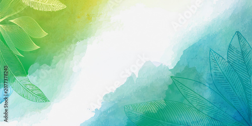 Green and teal abstract watercolor background with transparent skeleton leaves and white copy space