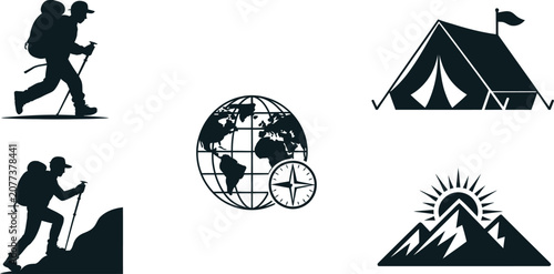 Foto Adventure travel silhouettes with hikers, globe compass, camping tent, mountain