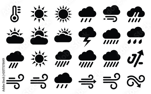 Obraz na plátne Set of black weather icons representing different meteorological phenomena on a white background