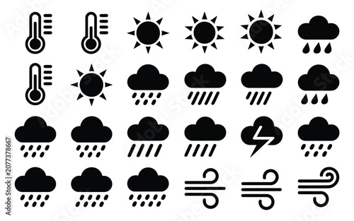Slika na platnu Black and white weather icons collection for meteorological forecast and climate information