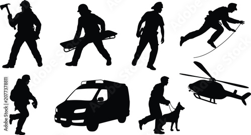 Foto Emergency rescue silhouettes with firefighter, stretcher carrier, police officer