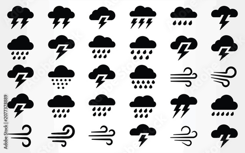 Black weather forecast icons cloud with lightning thunderbolt rain and wind flat style.