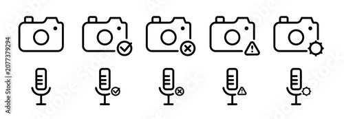 Device permissions icons pack in line style featuring camera and microphone access, privacy settings, permission alerts and approved or denied device controls for app and website